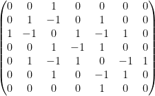 \displaystyle \begin{pmatrix}0&0&1&0&0&0&0\\0&1&-1&0&1&0&0\\1&-1&0&1&-1&1&0\\0&0&1&-1&1&0&0\\0&1&-1&1&0&-1&1\\0&0&1&0&-1&1&0\\0&0&0&0&1&0&0\end{pmatrix}