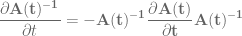 \displaystyle \frac{\partial \bf{A}(t)^{-1}}{\partial t} = -\bf{A}(t)^{-1} \frac{\partial \bf{A}(t)}{\partial t} \bf{A}(t)^{-1}