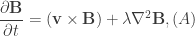 \displaystyle \frac{\partial \textbf{B}}{\partial t}=(\textbf{v}\times \textbf{B})+\lambda \nabla^{2}\textbf{B}, (A)