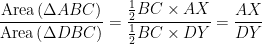 \displaystyle \frac{\text{Area}\,(\Delta ABC)}{\text{Area}\,\text{(}\Delta DBC\text{)}}=\frac{\frac{1}{2}BC\times AX}{\frac{1}{2}BC\times DY}=\frac{AX}{DY}