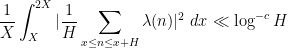 \displaystyle \frac{1}{X} \int_X^{2X} |\frac{1}{H} \sum_{x \leq n \leq x+H} \lambda(n)|^2\ dx \ll \log^{-c} H