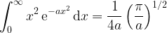 \displaystyle \int^\infty_0 x^{2} \, {\rm e}^{-ax^2} \, {\rm d}x = \frac{1}{4a}\left(\frac{\pi}{a} \right)^{1/2} 
