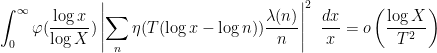 \displaystyle \int_0^\infty \varphi( \frac{\log x}{\log X} ) \left|\sum_n \eta( T( \log x - \log n ) ) \frac{\lambda(n)}{n}\right|^2\ \frac{dx}{x} = o\left( \frac{\log X}{T^2} \right) 