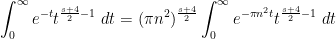 \displaystyle \int_0^\infty e^{-t} t^{\frac{s+4}{2}-1}\ dt = (\pi n^2)^{\frac{s+4}{2}} \int_0^\infty e^{-\pi n^2 t} t^{\frac{s+4}{2}-1}\ dt 