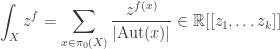 \displaystyle \int_X z^{f} = \sum_{x \in \pi_0(X)} \frac{z^{f(x)}}{|\text{Aut}(x)|} \in \mathbb{R}[[z_1, \dots z_k]]
