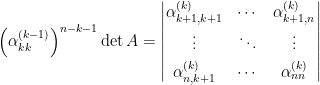 \displaystyle \left(\alpha_{kk}^{(k-1)}\right)^{n-k-1}\det A=\begin{vmatrix} \alpha^{(k)}_{k+1,k+1}&\cdots&\alpha^{(k)}_{k+1,n}\\[0.3em] \vdots&\ddots&\vdots\\[0.3em] \alpha^{(k)}_{n,k+1}&\cdots&\alpha^{(k)}_{nn} \end{vmatrix}