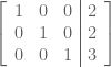 \displaystyle \left[\begin{array}{ c c c | c} 1 & 0 & 0 & 2 \\ 0 & 1 & 0 & 2 \\ 0 & 0 & 1 & 3 \end{array}\right]