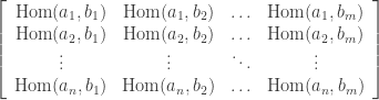 \displaystyle \left[ \begin{array}{cccc} \text{Hom}(a_1, b_1) & \text{Hom}(a_1, b_2) & \hdots & \text{Hom}(a_1, b_m) \\ \text{Hom}(a_2, b_1) & \text{Hom}(a_2, b_2) & \hdots & \text{Hom}(a_2, b_m) \\ \vdots & \vdots & \ddots & \vdots \\ \text{Hom}(a_n, b_1) & \text{Hom}(a_n, b_2) & \hdots & \text{Hom}(a_n, b_m) \end{array} \right]