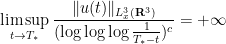 \displaystyle \limsup_{t \rightarrow T_*} \frac{\|u(t) \|_{L^3_x({\bf R}^3)}}{(\log\log\log \frac{1}{T_*-t})^c} = +\infty
