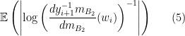 \displaystyle \mathbb{E}\left(\left|\log\left(\frac{dy_{i+1}^{-1}m_{B_2}}{dm_{B_2}}(w_i)\right)^{-1}\right|\right) \ \ \ \ \ (5)