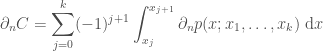 \displaystyle \partial_n C = \sum_{j = 0}^k (-1)^{j+1} \int_{x_j}^{x_{j+1}} \partial_n p(x; x_1, \ldots, x_k) ~\mathrm{d}x