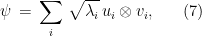 \displaystyle \psi \,=\, \sum_i \,\sqrt{\lambda_i}\, u_i \otimes v_i, \ \ \ \ \ (7)