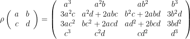 \displaystyle \rho\left(\begin{array}{cc} a & b \\ c & d \end{array}\right) = \left(\begin{array}{cccc} a^3 & a^2 b & a b^2 & b^3 \\ 3 a^2 c & a^2 d + 2 a b c & b^2 c + 2 a b d & 3 b^2 d \\ 3 a c^2 & b c^2 + 2 a c d & a d^2 + 2 b c d & 3 b d^2 \\ c^3 & c^2 d & c d^2 & d^3 \end{array}\right)