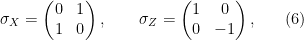 \displaystyle \sigma_X = \begin{pmatrix} 0 & 1 \\ 1 & 0 \end{pmatrix},\qquad \sigma_Z= \begin{pmatrix} 1 & 0 \\ 0 & -1 \end{pmatrix}, \ \ \ \ \ (6)