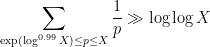 \displaystyle \sum_{\exp(\log^{0.99} X) \leq p \leq X} \frac{1}{p} \gg \log\log X