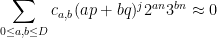 \displaystyle \sum_{0 \leq a, b \leq D} c_{a,b} (ap+bq)^j 2^{an} 3^{bn} \approx 0