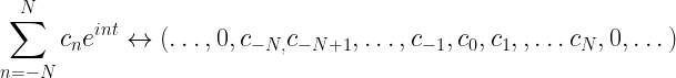 \displaystyle \sum_{n= -N}^N c_n e^{int} \leftrightarrow ( \dots, 0, c_{-N,}c_{-N+1}, \dots, c_{-1}, c_0, c_1,,\dots c_N, 0, \dots )  