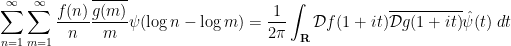 \displaystyle \sum_{n=1}^\infty \sum_{m=1}^\infty \frac{f(n)}{n} \frac{\overline{g(m)}}{m} \psi(\log n - \log m) = \frac{1}{2\pi} \int_{\bf R} {\mathcal D} f(1+it) \overline{{\mathcal D} g(1+it)} \hat \psi(t)\ dt