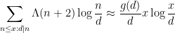 \displaystyle \sum_{n \leq x: d|n} \Lambda(n+2)\log \frac{n}{d}  \approx \frac{g(d)}{d} x \log \frac{x}{d}
