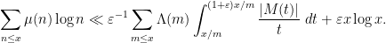 \displaystyle \sum_{n \leq x} \mu(n) \log n \ll \varepsilon^{-1} \sum_{m \leq x} \Lambda(m) \int_{x/m}^{(1+\varepsilon)x/m} \frac{|M(t)|}{t}\ dt + \varepsilon x \log x.