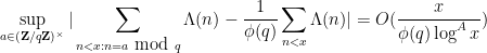 \displaystyle \sup_{a \in ({\bf Z}/q{\bf Z})^\times} |\sum_{n < x: n = a \hbox{ mod } q} \Lambda(n) - \frac{1}{\phi(q)} \sum_{n < x} \Lambda(n)| = O( \frac{x}{\phi(q) \log^A x} )