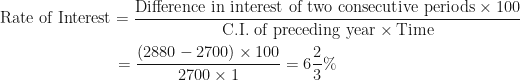 \displaystyle \text{Rate of Interest}  = \frac{\text{Difference in interest of two consecutive periods} \times 100 }{\text{C.I. of preceding year} \times \text{Time} } \\ \\ { \hspace{3.0cm} = \frac{(2880-2700) \times 100 }{2700 \times 1} = 6\frac{2}{3} \% } 
