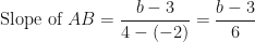 \displaystyle \text{Slope of } AB = \frac{b-3}{4-(-2)} = \frac{b-3}{6} 
