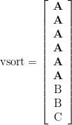 \displaystyle \text{vsort}=\left[ {\begin{array}{*{20}{c}} \mathbf{A} \\ \mathbf{A} \\ \mathbf{A} \\ \mathbf{A} \\ \mathbf{A} \\ \mathbf{A} \\ \text{B} \\ \text{B} \\ \text{C} \end{array}} \right]