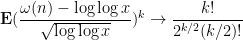 \displaystyle {\bf E} (\frac{\omega(n)-\log\log x}{\sqrt{\log\log x}})^k \rightarrow \frac{k!}{2^{k/2} (k/2)!} 