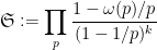 \displaystyle {\mathfrak S} := \prod_p \frac{1 - \omega(p) / p}{(1-1/p)^k}