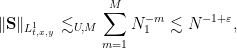 \displaystyle  \| \mathbf{S} \|_{L^1_{t,x,y}} \lesssim_{U,M} \sum_{m=1}^M N_1^{-m} \lesssim N^{-1+\varepsilon}, 