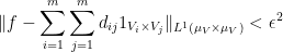 \displaystyle  \|f - \sum_{i=1}^{m} \sum_{j=1}^{m} d_{ij} 1_{V_i \times V_j} \|_{L^1(\mu_V \times \mu_V)} < \epsilon^2