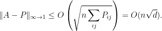 \displaystyle  \Vert A-P\Vert_{\infty\rightarrow1}\le O\left(\sqrt{n\sum_{ij}P_{ij}}\right)=O(n\sqrt{d}). 