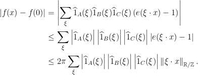 \displaystyle  \begin{aligned} \left\lvert f(x)-f(0) \right\rvert &= \left\lvert \sum_\xi \widehat1_A(\xi) \widehat1_B(\xi) \widehat1_C(\xi) \left( e(\xi \cdot x) - 1 \right) \right\rvert \\ &\le \sum_\xi \left\lvert \widehat 1_A(\xi) \right\rvert \left\lvert \widehat 1_B(\xi) \right\rvert \left\lvert \widehat 1_C(\xi) \right\rvert \left\lvert e(\xi \cdot x) - 1 \right\rvert \\ &\le 2\pi \sum_\xi \left\lvert \widehat 1_A(\xi) \right\rvert \left\lvert \widehat 1_B(\xi) \right\rvert \left\lvert \widehat 1_C(\xi) \right\rvert \left\lVert \xi \cdot x \right\rVert_{\mathbb R/\mathbb Z}. \end{aligned} 
