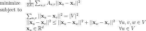 \displaystyle  \begin{array}{lll} {\rm minimize} & \frac 1 {2|E|} \sum_{u,v} A_{u,v} || {\bf x}_u - {\bf x}_v ||^2\\ {\rm subject\ to}\\ & \sum_{u,v} || {\bf x}_u - {\bf x}_v ||^2 = {|V|^2}\\ & || {\bf x}_u - {\bf x}_v||^2 \leq || {\bf x}_u - {\bf x}_w||^2 + || {\bf x}_w - {\bf x}_v||^2 & \forall u,v,w \in V\\ & \mbox{} {\bf x}_u \in {\mathbb R}^d & \forall u\in V \end{array} 