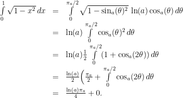 \displaystyle  \begin{array}{rcl}  \int\limits_0^1\sqrt{1-x^2}\, dx & = & \int\limits_0^{\pi_a/2}\sqrt{1-\sin_a(\theta)^2}\, \ln(a)\cos_a(\theta)\, d\theta\\ & = & \ln(a) \int\limits_0^{\pi_a/2} \cos_a(\theta)^2\, d\theta\\ & = & \ln(a) \frac12 \int\limits_0^{\pi_a/2}(1 + \cos_a(2\theta))\, d\theta\\ & = & \frac{\ln(a)}{2} \Big( \frac{\pi_a}{2} + \int\limits_0^{\pi_a/2}\cos_a(2\theta)\, d\theta\\ & = & \frac{\ln(a)\pi_a}{4} + 0. \end{array} 