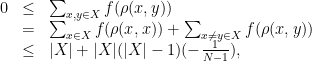 \displaystyle  \begin{array}{rcl}  0 &\le&\sum_{x,y\in X}f(\rho(x,y))\\ &=&\sum_{x\in X}f(\rho(x,x))+\sum_{x\not=y\in X}f(\rho(x,y))\\ &\le& |X| +|X|(|X|-1)(-\frac{1}{N-1}), \end{array} 