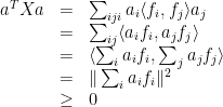 \displaystyle  \begin{array}{rcl}  a^{T}Xa & = & \sum_{iji}a_{i}\langle f_{i},f_{j}\rangle a_{j}\\ & = & \sum_{ij}\langle a_{i}f_{i},a_{j}f_{j}\rangle\\ & = & \langle\sum_{i}a_{i}f_{i},\sum_{j}a_{j}f_{j}\rangle\\ & = & \Vert\sum_{i}a_{i}f_{i}\Vert^{2}\\ & \ge & 0 \end{array} 