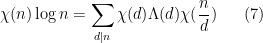 \displaystyle  \chi(n) \log n = \sum_{d|n} \chi(d) \Lambda(d) \chi(\frac{n}{d}) \ \ \ \ \ (7)