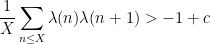 \displaystyle  \frac{1}{X} \sum_{n \leq X} \lambda(n)\lambda(n+1) > -1+c