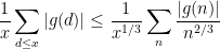 \displaystyle  \frac{1}{x} \sum_{d \leq x} |g(d)| \leq \frac{1}{x^{1/3}} \sum_n \frac{|g(n)|}{n^{2/3}}
