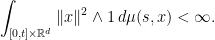 \displaystyle  \int_{[0,t]\times{\mathbb R}^d}\Vert x\Vert^2\wedge1\,d\mu(s,x) < \infty. 