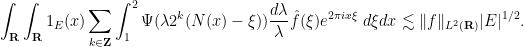 \displaystyle  \int_{\bf R} \int_{\bf R} 1_E(x) \sum_{k \in {\bf Z}} \int_1^2 \Psi( \lambda 2^k (N(x)-\xi) ) \frac{d\lambda}{\lambda} \hat f(\xi) e^{2\pi i x \xi}\ d\xi dx \lesssim \|f\|_{L^2({\bf R})} |E|^{1/2}.