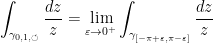 \displaystyle  \int_{\gamma_{0,1,\circlearrowleft}} \frac{dz}{z} = \lim_{\varepsilon \rightarrow 0^+} \int_{\gamma_{[-\pi+\varepsilon,\pi-\varepsilon]}} \frac{dz}{z}