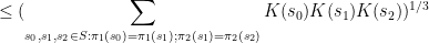 displaystyle  leq (sum_{s_0,s_1, s_2 in S: pi_1(s_0)=pi_1(s_1); pi_2(s_1)=pi_2(s_2)} K(s_0) K(s_1) K(s_2))^{1/3} 