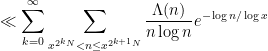 \displaystyle  \ll \sum_{k=0}^\infty \sum_{x^{2^k N} < n \leq x^{2^{k+1}N}} \frac{\Lambda(n)}{n \log n} e^{-\log n / \log x} 