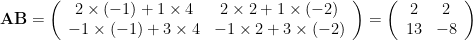 \displaystyle  \mathbf{AB}=\left( \begin{array}{cc} 2\times (-1)+1\times 4 & 2\times 2+1\times (-2)\\ -1\times (-1)+3\times 4 & -1\times 2+3\times (-2) \end{array}\right)=\left( \begin{array}{cc} 2 & 2\\ 13 & -8 \end{array}\right) 