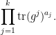 \displaystyle  \prod_{j=1}^k \mathrm{tr}(g^j)^{a_j}.