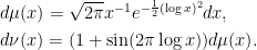 \displaystyle  \setlength\arraycolsep{2pt} \begin{array}{rl} &\displaystyle d\mu(x)=\sqrt{2\pi}x^{-1}e^{-\frac12(\log x)^2}dx,\smallskip\\ &\displaystyle d\nu(x)=(1+\sin(2\pi\log x))d\mu(x). \end{array} 