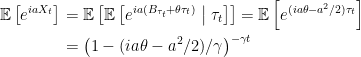 \displaystyle  \setlength\arraycolsep{2pt} \begin{array}{rl} \displaystyle{\mathbb E}\left[e^{iaX_t}\right]&\displaystyle={\mathbb E}\left[{\mathbb E}\left[e^{ia(B_{\tau_t}+\theta\tau_t)}\;\big\vert\;\tau_t\right]\right]={\mathbb E}\left[e^{(ia\theta-a^2/2)\tau_t}\right]\smallskip\\ &\displaystyle=\left(1-(ia\theta-a^2/2)/\gamma\right)^{-\gamma t} \end{array} 